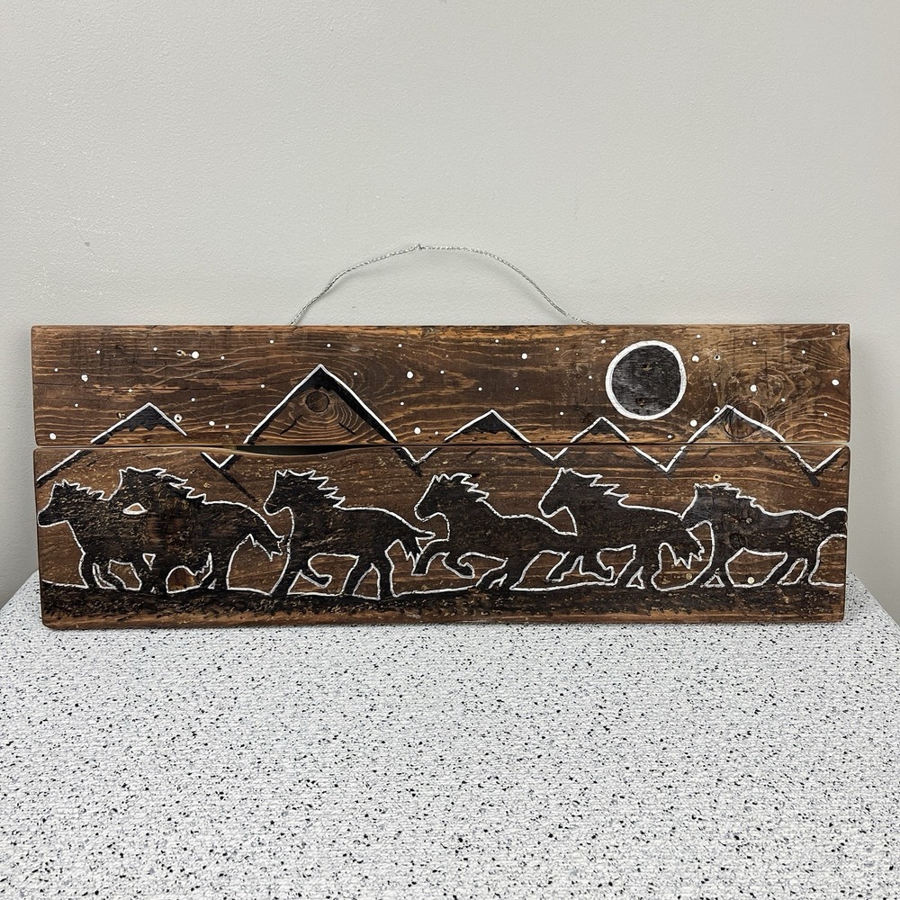 Hand Painted Rustic Wood Horse Art Wall Hanging Barn Farmhouse Cottagecore 9x24